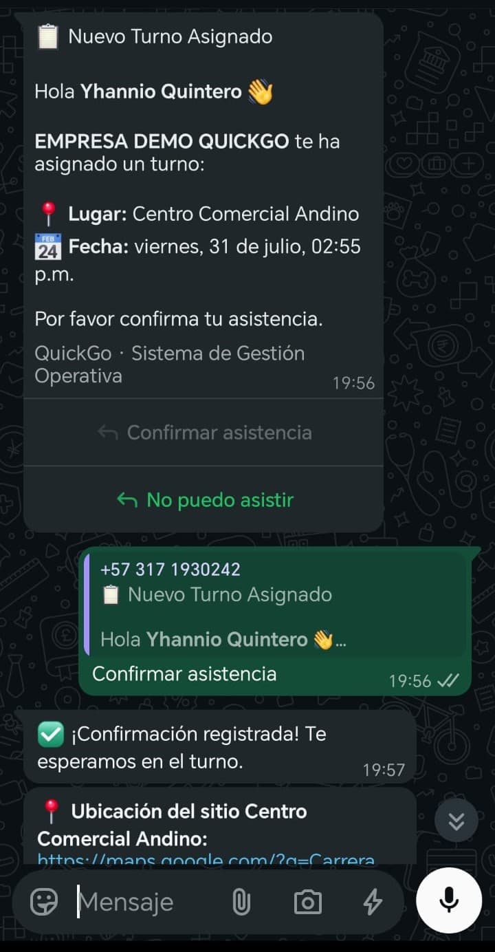 Confirmación de turno por WhatsApp en QuickGo